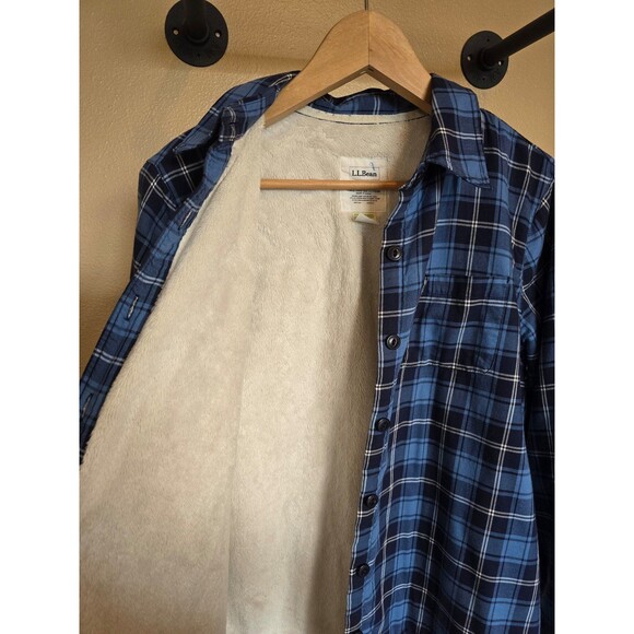 Men's LL Bean Fleece Lined Flannel Shirt Blue & White Button Up Shaket sz small - Picture 4 of 8